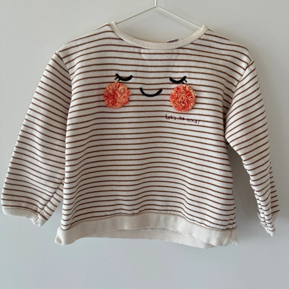 Zara Girls “Let’s Be Kind” Striped Sweatshirt | Appliqué Face | 4–5Y
